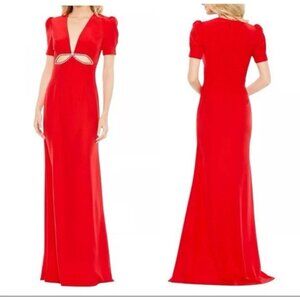 Mac Duggal Red Short Sleeve Maxi Dress Front Cut Outs Evening Gown Classic 8